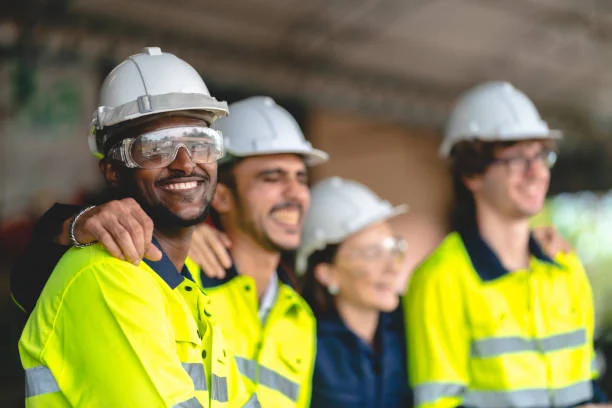 Smiling site workers in hard hats and high-visibility jackets