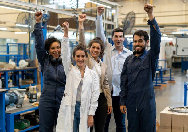 A manufacturing team in coveralls and lab coats celebrating with raised fists